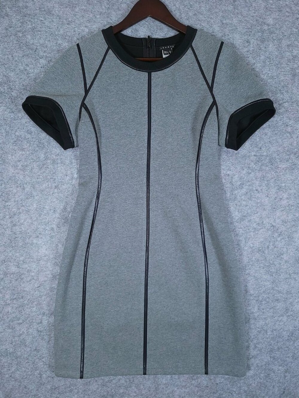 Theory Nevassa Gray Paneled Sheath Ponte Dress Large Short Sleeve Cotton Blend